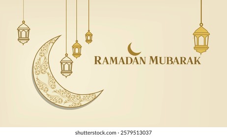 A luxurious vector illustration celebrating the holy month of Ramadan, featuring a beautifully designed golden crescent moon adorned with intricate Islamic patterns. 