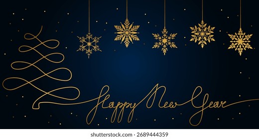 A luxurious vector illustration with a continuous line art golden Christmas tree and "Happy New Year" script, featuring five hanging intricate gold snowflakes on a rich, dark Blue background 