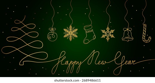 Una lujosa Ilustración vectorial con un árbol de Navidad dorado y un guion de "Feliz año Nuevo", con cinco copos de nieve de oro intrincados colgantes sobre un fondo verde oscuro y rico