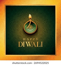 Luxurious vector illustration for Diwali featuring an ornate green and gold diya (oil lamp) against a rich emerald green patterned background with a gold and orange border.