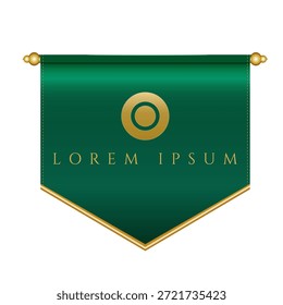 A luxurious vector illustration featuring a deep green pennant banner adorned with shimmering golden accents. It includes decorative golden finials, a golden-edged bottom, and a prominent golden circular emblem for customization. Perfect for elegant awards, certificates, luxury branding, royal themes, or festive announcements and celebrations.