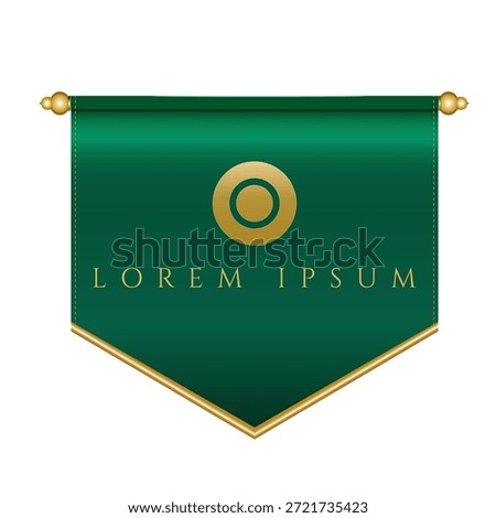 A luxurious vector illustration featuring a deep green pennant banner adorned with shimmering golden accents. It includes decorative golden finials, a golden-edged bottom, and a prominent golden circular emblem for customization. Perfect for elegant awards, certificates, luxury branding, royal themes, or festive announcements and celebrations.