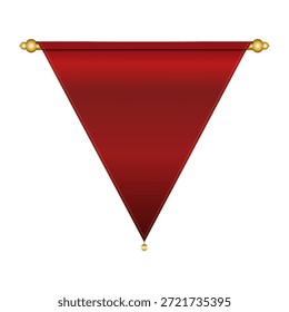 Uma ilustração vetorial luxuosa de uma faixa ou flâmula vermelha triangular invertida, pendurada graciosamente em uma haste horizontal dourada com finais decorativos. O banner apresenta um gradiente rico, sutil pontilhado costurando ao longo de suas bordas, e uma esfera dourada proeminente em seu ponto mais baixo, adicionando à sua estética real e comemorativa. Ideal para prêmios, anúncios, temas medievais ou elementos de design premium.