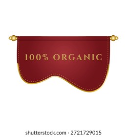 Uma ilustração vetorial luxuosa de um rico banner ou pergaminho maroon, elegantemente emoldurado com uma borda dourada e elementos decorativos. O banner destaca o texto em negrito "100% ORGÂNICO" em letras de ouro clássicas, indicando uma garantia de qualidade natural. Este elemento de design premium é perfeito para etiquetas, emblemas, embalagem de produtos, certificações, promoções e marcas relacionadas a alimentos orgânicos, cosméticos naturais, produtos ecológicos, vida saudável e bens de alta qualidade. Isolado em um fundo branco, oferece versatilidade para várias aplicações de design.