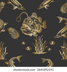 A luxurious vector pattern showcasing deep-sea anglerfish and other marine life in a striking golden, hand-drawn style, set against a dark, mysterious backdrop.