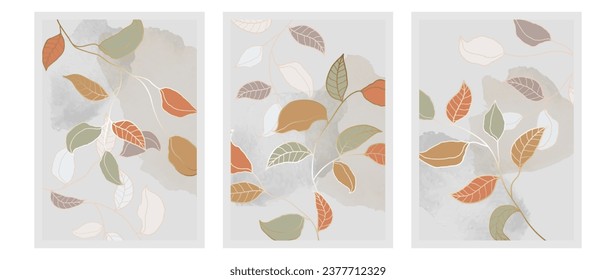 Luxurious vector picture set, from copper and gold design. Golden branches and line art, exotic leaves with watercolor. For decor, packaging, cover, wall art.	