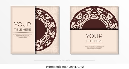 Luxurious Vector Ready-to-Print Beige Color Postcard Design with Mandala Patterns. Invitation card template with place for your text and abstract ornament.