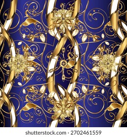 Lujoso patrón de Vector sin costuras con adornos barrocos dorados, cadenas metálicas retorcidas y elegantes detalles de remolino sobre un fondo azul real profundo. Perfecto para textiles de moda, Fondos de pantalla y pr