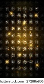 Luxuriöser vertikaler schwarzer Hintergrund mit einem Raster aus goldenen Glitzerpunkten und hellen leuchtenden Sternenfackeln für Feier- oder Feiertagsgala-Event-Displays