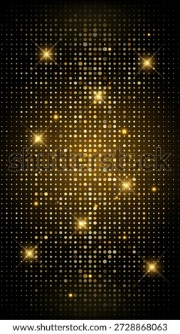 Luxurious vertical black background featuring a grid of golden glitter dots and bright glowing star flares for celebration or holiday gala event displays