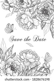 Luxurious vertical floral background with blooming peonies and butterflies. Monochrome flowers arrangement and flying moths. Black and white vector elegant wedding card template in vintage style.