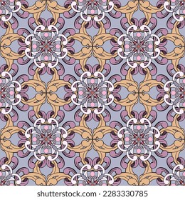 Luxurious victorian pattern, seamless oriental damask. Light abstract print, lilac and gray shades with gold. Great for decorating fabrics, textiles, gift wrapping design, any printed materials.