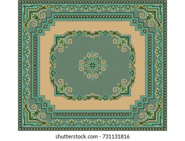 Luxurious vintage carpet with ethnic ornaments on green and yellow  background