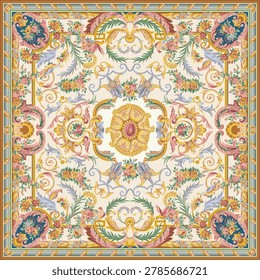 A luxurious vintage floral pattern featuring intricate Baroque scrollwork, delicate roses, and a central ornate medallion in elegant pastel and gold tones.