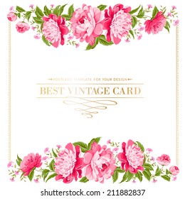 Luxurious vintage frame of color peony label. Vector illustration.