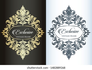 Luxurious vintage monogram. Decorative frame. Deciduous ornament on a dark and light background in the form of a wreath. Golden pattern. Template for monogram or brand. Place for text.
