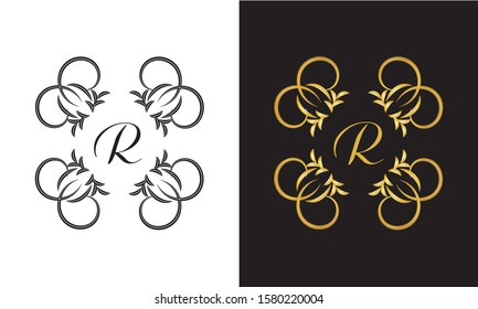 Luxurious vintage monograms. Decorative ornament on dark and light background with letter R. Gold and black pattern. Template for monogram or brand.