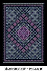 Luxurious vintage oriental bluish carpet with colored ornament in the middle