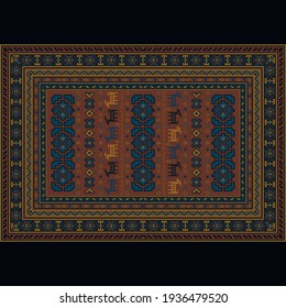 Luxurious vintage rug in brown and blue with yellow and gray patterns with stylized deer and flowers on a black background.
