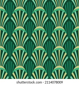 Luxurious vintage seamless pattern in Art Deco style. background. Perfect background gold and green Fans for greetings cards, invitations, wallpaper, fabrics print, posters, wrapping, pack paper. Scal