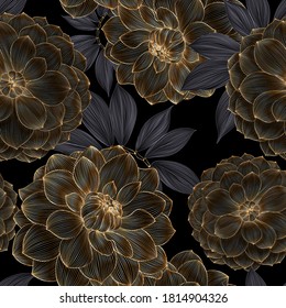 Luxurious vintage seamless pattern with golden flowers dahlia and leaves.