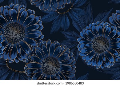 Luxurious vintage seamless pattern with golden flowers gerbera and leaves.