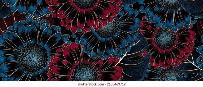 Luxurious vintage seamless pattern with golden flowers gerbera and leaves. Vector illustration.