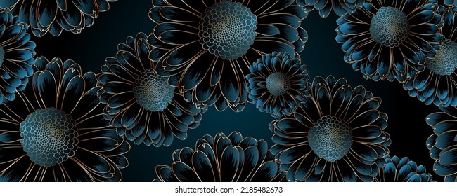 Luxurious vintage seamless pattern with golden flowers gerbera and leaves.