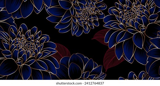 Luxurious vintage seamless pattern with golden flowers dahlia. Vector illustration.