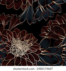 Luxurious vintage seamless pattern with golden flowers dahlia and leaves.