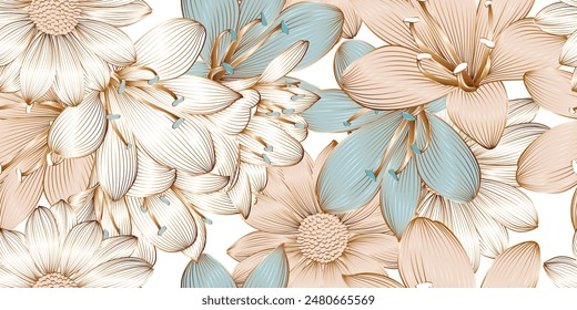 Luxurious vintage seamless pattern with golden flowers dahlia and leaves.