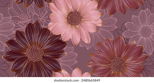 Luxurious vintage seamless pattern with golden flowers gerbera and leaves. Vector illustration.