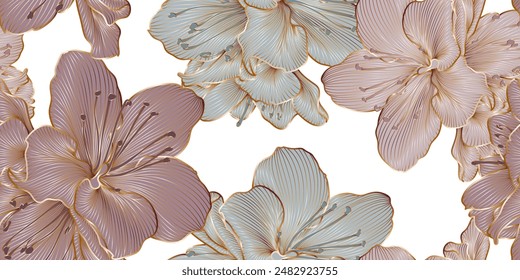 Luxurious vintage seamless pattern with golden flowers azalea and leaves.