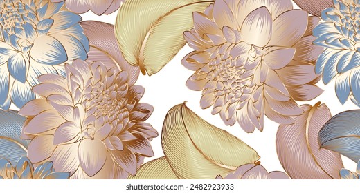 Luxurious vintage seamless pattern with golden flowers dahlia and leaves.