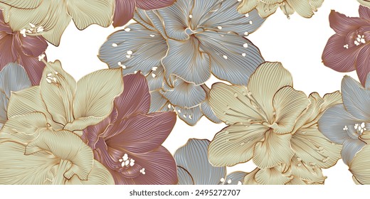 Luxurious vintage seamless pattern with golden flowers azalea and leaves.