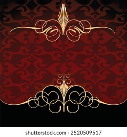 Luxurious vintage, A sophisticated gold damask frame with intricate patterns on a dark red background. Perfect for adding a touch of luxury and elegance to your designs.