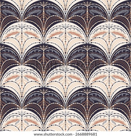 Luxurious vintage vector seamless pattern. Elegant symmetrical damask repeat tile in dark shades. Decorative classic detailed background design with beads and abstract branches for wallpaper, decor