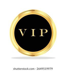 Um luxuoso ícone de emblema VIP com borda circular dourada e texto "VIP" em negrito em ouro sobre um fundo preto, simbolizando exclusividade, associação premium e acesso de luxo.