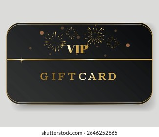 Cartão de presente VIP luxuoso em preto e ouro design com fogos de artifício cintilantes. Estilo elegante e festivo perfeito para presentes exclusivos, ocasiões especiais, ofertas premium e celebrações.Vetor