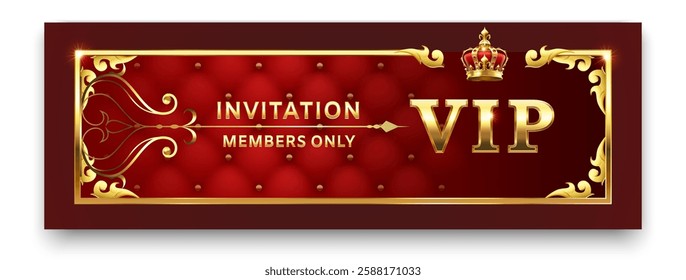 Luxurious vip invitation with golden frame and crown on red velvet background representing exclusivity, privilege and members only access to premium events