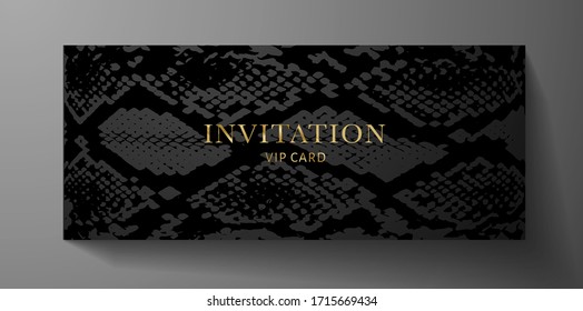 Luxurious VIP Invitation template with animal print (snake skin) on black background. Premium class design for Gift certificate, Voucher, Gift card 