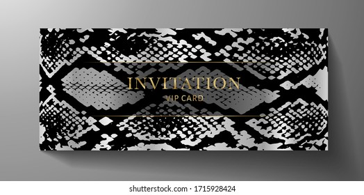 Luxurious VIP Invitation template with animal print (snake skin) on black and silver background. Premium class design for Gift certificate, Voucher, Gift card 