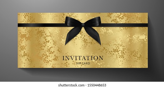 Luxurious VIP Invitation template with black bow, ribbon on golden textured background. Premium class design for Gift certificate, Voucher, Gift card 