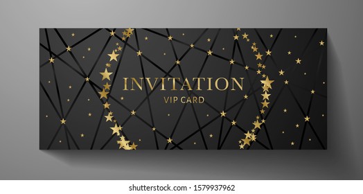 Luxurious VIP Invitation template with black lines, golden stars on background and gold text. Premium class design for Gift certificate, Voucher, Gift card 