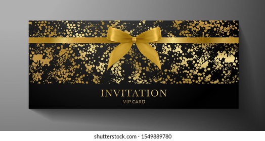 Luxurious VIP Invitation template with gold bow, ribbon on black textured background. Premium class design for Gift certificate, Voucher, Gift card 