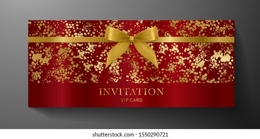 Luxurious VIP Invitation template with gold bow, ribbon on maroon textured background. Premium class design for Gift certificate, Voucher, Gift card 