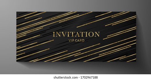 Luxurious VIP Invitation template with gold (golden) lines on black background. Premium class design for Gift certificate, Voucher, Gift card 