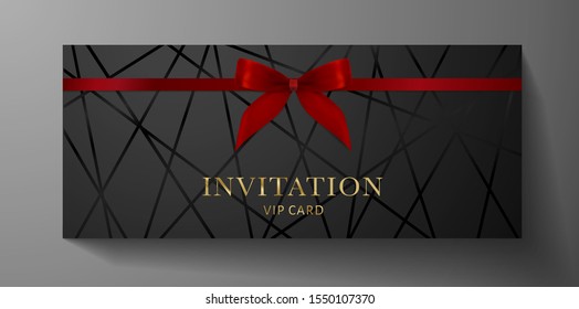 Luxurious VIP Invitation template with red bow, ribbon on black background and silver text. Premium class design for Gift certificate, Voucher, Gift card 