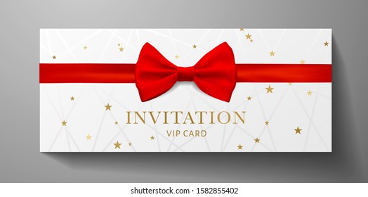 Luxurious VIP Invitation template with red bow tie (ribbon), lines, golden stars on white background. Premium class design for Gift certificate, Voucher, Gift card 