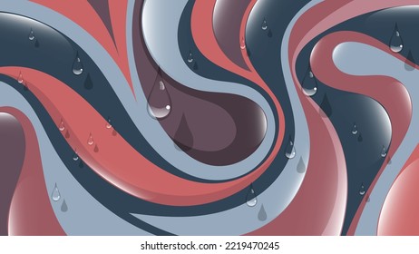 Luxurious wallpaper with 3D effect. Falling drops of a transparent liquid on the background of a surface of wavy shiny abstract shapes. Vector.